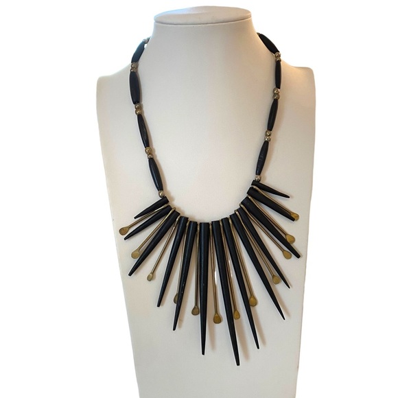 Vintage ebony wood black gold spikes kinetic statement necklace brutalist